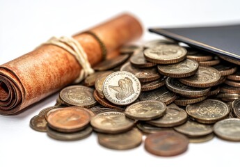 Poster - Vintage Coins and Rolled Document on Table Representing Wealth, Education, History, and Investment Opportunities for Financial Concepts and Financial Planning