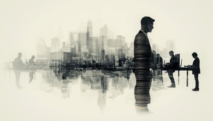 Poster - Visual Representation of Professional Choices in Urban Environment with Business People Silhouettes and Cityscape in Background
