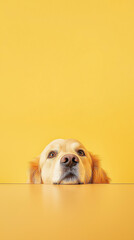 Wall Mural - Golden Retriever dog cute curious pet on yellow background, adorable loyal and friendly puppy portrait