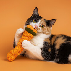 Wall Mural - Calico cat playfully holding an orange toy with curious eyes in a studio portrait