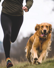 Golden Retriever dog running outdoors for fitness exercise with an active and healthy pet companion