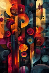 Wall Mural - Abstract swirling artwork warm color palette geometric shapes