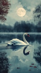 Wall Mural - Serene swan glides moonlit lake reflection