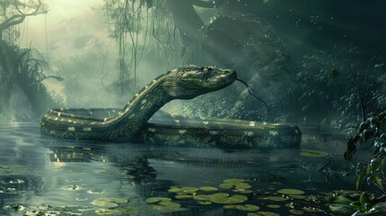 Wall Mural - Large snake emerging from water in a misty jungle, surrounded by lush greenery and soft sunlight filtering through trees