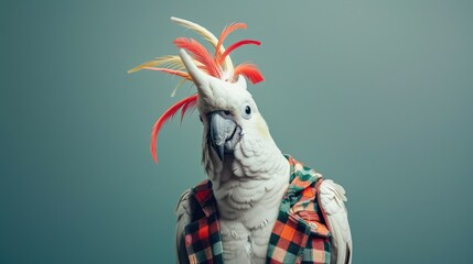 Wall Mural - A stylish cockatoo wearing a colorful checkered vest poses against a soft blue background, showcasing its vibrant feathers