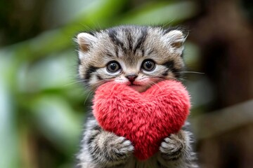 Wall Mural - Commercial animal conceptual art. Manul - my cherished animal. Cute manul baby with fluffy red heart on in a natural habitat. Romantic valentine's day illustration. Love in the wild. Wild lov.