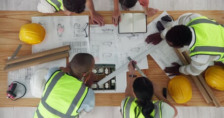 Poster - Construction, people and teamwork with blueprint, discussion and floor plan for house project. Employees, talking and collaboration on architecture design, above and check infrastructure in office