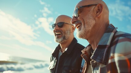 Wall Mural - Two elderly men enjoying a sunny day at the beach, laughing and sharing stories by the ocean waves