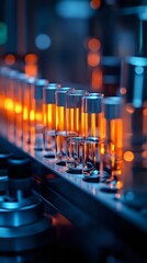 Poster - Laboratory test tubes with glowing orange liquid arranged in row against dark background with blue bokeh lights, scientific research concept for medical studies.
