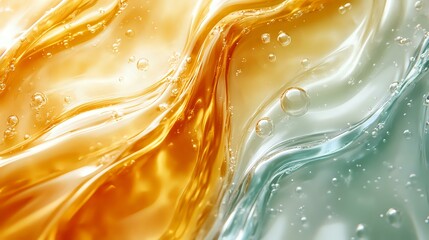 Poster - Flowing liquid abstract background with golden orange and turquoise colors merging in wavy pattern with bubbles and light effects creating dynamic texture.
