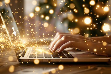 Poster - Female hands typing on laptop keyboard with magical golden bokeh lights and sparkles creating dreamy atmosphere for business or holiday season concept.