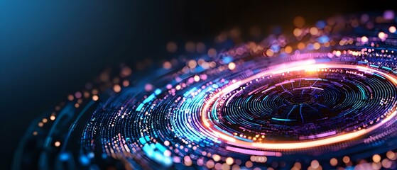 Poster - futuristic circular technology pattern with glowing neon lights and digital particles creating dynam