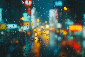 Poster - Blurred city lights and raindrops on window glass create atmospheric bokeh effect in blue and orange tones, capturing urban nightlife through wet surface.