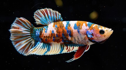 Wall Mural - Colorful betta fish swimming gracefully in a dark aquarium, showcasing vibrant patterns and fins, surrounded by bubbles