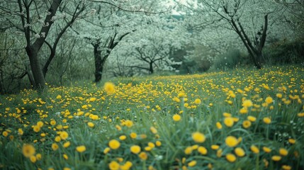 Wall Mural - A serene landscape featuring a vibrant field of yellow flowers under blooming cherry trees in a tranquil setting