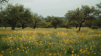 Canvas Print - Lush meadow filled with vibrant yellow flowers under a cloudy sky, surrounded by trees in a serene landscape