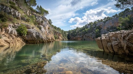 Wall Mural - Serene lake surrounded by rocky cliffs and lush greenery under a bright sky, perfect for nature enthusiasts