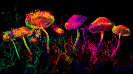 Wall Mural - Generative ai illustration of colorful psychedelic fluorescent neon magic mushrooms growing against black background. Eclipse-Fueled Magic. Illustration