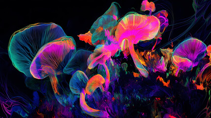 Wall Mural - Generative ai illustration of colorful psychedelic fluorescent neon magic mushrooms growing against black background. Eclipse-Fueled Magic. Illustration