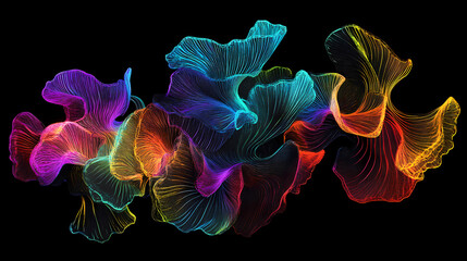 Wall Mural - Generative ai illustration of colorful psychedelic fluorescent neon magic mushrooms growing against black background. Eclipse-Fueled Magic. Illustration