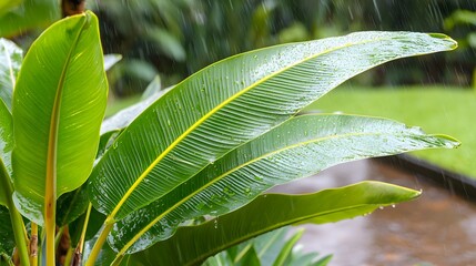 Wall Mural - Close-Up of Raindrops on Tropical Leaves in Lush Landscape