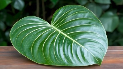 Wall Mural - Heart-Shaped Leaf with Vibrant Green Color on Wooden Surface