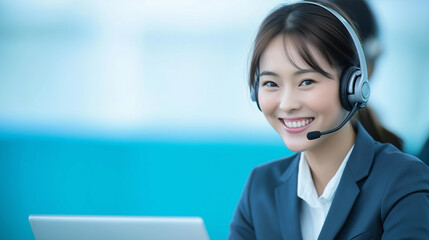 Poster - Happy female operator wearing headset is working in a call center