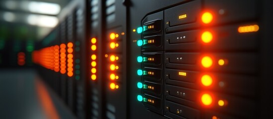 Poster - Data server with glowing indicators for network performance monitoring