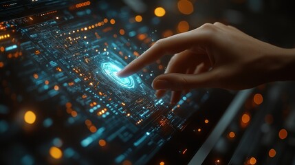 Poster - Hand Touching Futuristic Digital Interface with Glowing Elements