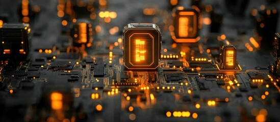 Poster - Glowing Microchips on Dark Circuit Board with Neon Orange Highlights