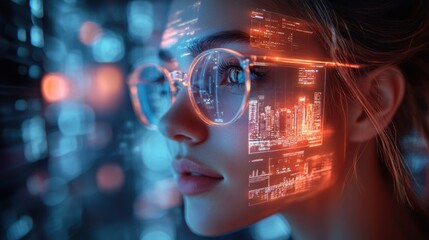 Poster - Young Woman with Glasses Surrounded by Digital Technology and Data Visualizations