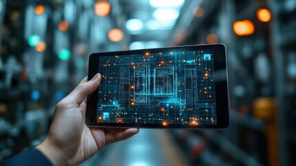 Poster - Hand Holding Tablet Displaying Digital Data Overlay in Modern Storage Facility
