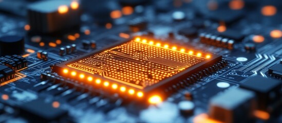 Poster - Close-Up Image of Illuminated Microchip on Complex Circuit Board