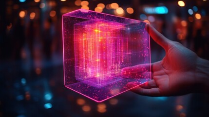Poster - Futuristic Hands Holding Holographic Data Cube with Vibrant Glowing Effects