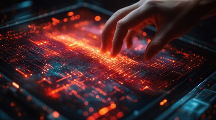 Poster - Touching Digital Interface with Glowing Circuit Patterns and Light Effects