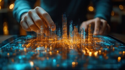 Poster - Hand Interacting with Digital Cityscape on Touchscreen Display at Night