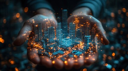 Poster - Futuristic Cityscape Model Held in Hands with Glowing Lights and Details