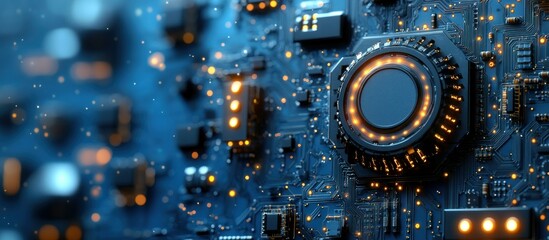 Poster - Modern Circuit Board Technology with Glowing Components and Blue Background