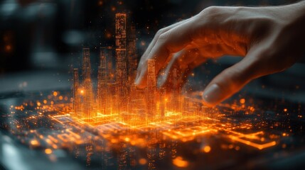 Poster - Futuristic Hand Touching Digital Cityscape with Glowing Elements