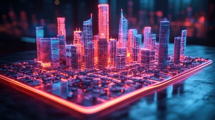 Poster - Futuristic Cityscape in Neon Glow with Illuminated Skyscrapers and Streets