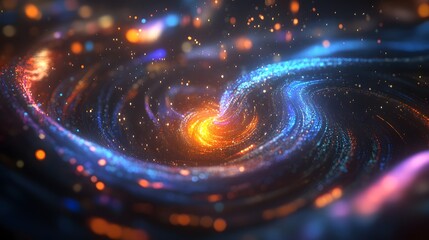 Poster - Abstract swirling vortex of vibrant blue and orange particles, creating a mesmerizing cosmic effect. Glowing lights and bokeh add depth and dimension to this digital art.