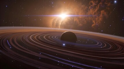 Wall Mural - a celestial body with prominent rings orbits a bright star in a nebula. the image showcases intricat