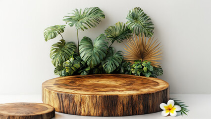 Poster - Natural Wood Display with Tropical Plants and Decorative Elements