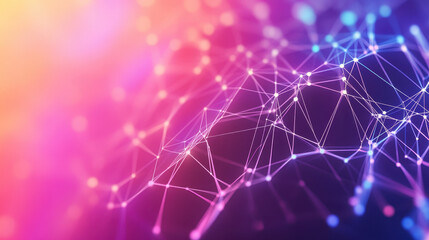 Abstract background with polygonal network lines and dots on a gradient color background of purple