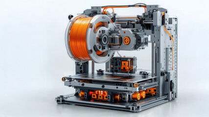 Poster - Modern 3D Printer with Orange Filament on a Bright Background in High-Resolution Imagery