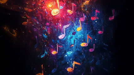 Poster - Vibrant Abstract Musical Notes with Colorful Swirls and Sparkling Lights in Dark Background