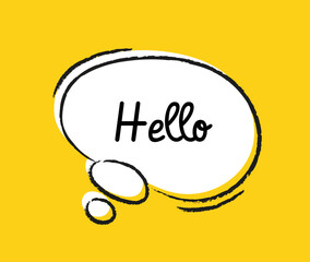 Fototapete - Hand drawn speech bubble. Abstract sticker with white cloud or irregular geometric shape with space for text. Hello lettering. Frame with greeting slogan. Flat vector illustration in doodle style