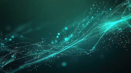 Abstract background with glowing lines and dots in teal color on a dark green background