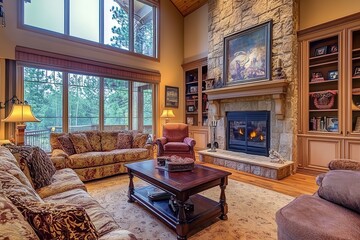 Wall Mural - Cozy living room with stone fireplace, hardwood floors, and large windows. Showcases the warmth and comfort of a luxurious home environment.