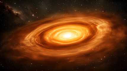 Poster - A mesmerizing cosmic swirl of fiery orange and gold hues dominates the image, creating a vibrant nebula.